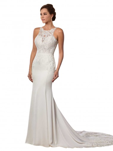 V-Back Ivory Sheath High Neck Chapel Train Modern Wedding Dress Hobart