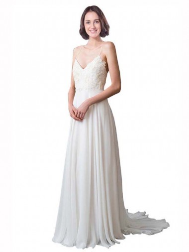 Ivory A-Line V-Neck Chapel Train Beach Wedding Dress Hobart