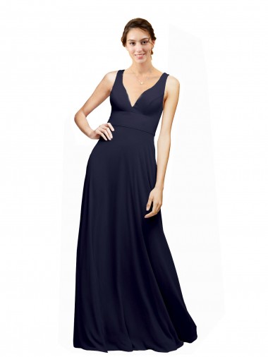 Open Back Dark Navy A-Line V-Neck Long Wedding Guest Dress Hobart