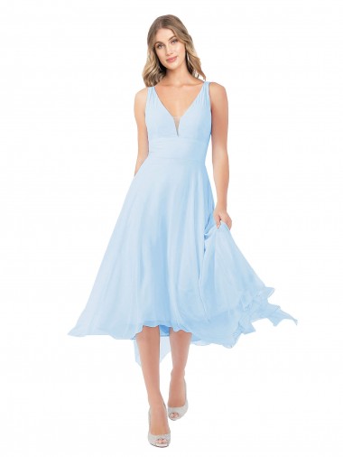 Keyhole Back Light Sky Blue A-Line V-Neck Midi Length Bridesmaid Dress Hobart