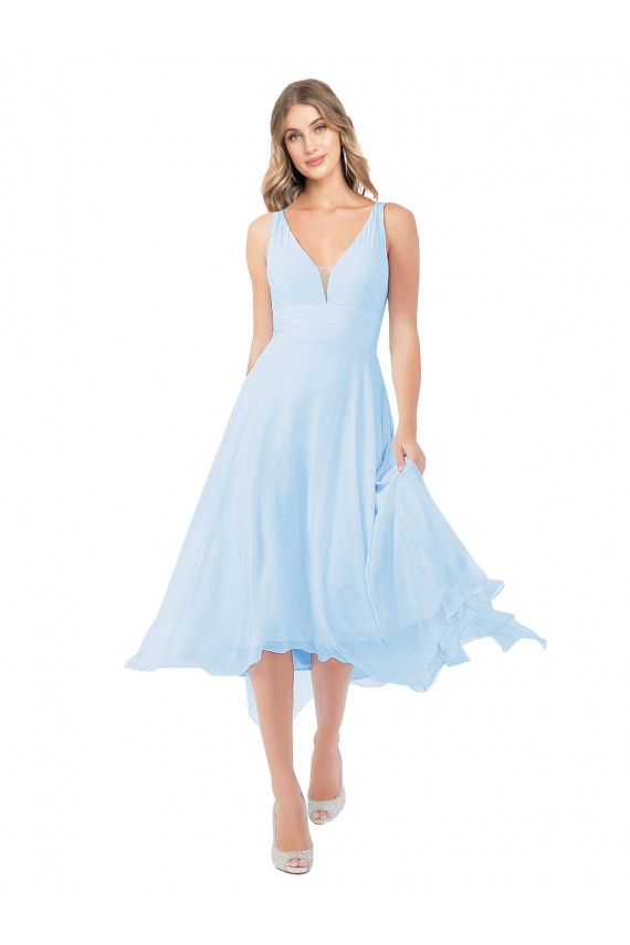 Keyhole Back Light Sky Blue A-Line V-Neck Midi Length Bridesmaid Dress Hobart