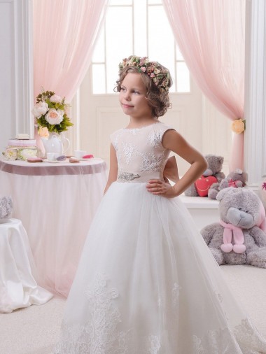 V-Back Ivory Ball Gown Bateau Neck Chapel Train Flower Girl Dresses Hobart