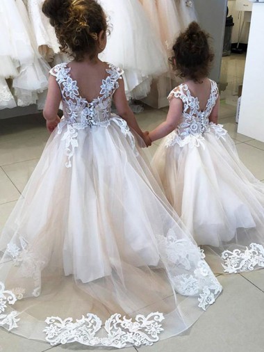 V-Back Ivory Ball Gown Bateau Neck Chapel Train Little Flower Girl Dress Hobart