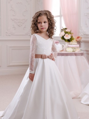 Ivory Ball Gown V-Neck Chapel Train Flower Girl Dress Hobart