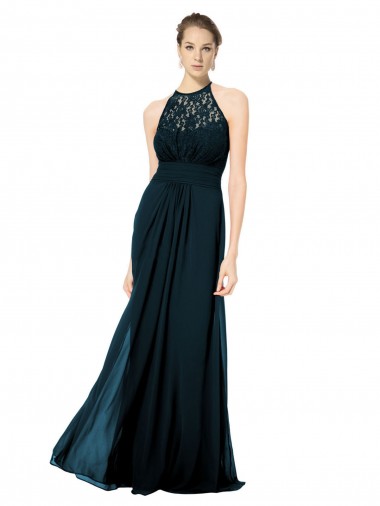 Keyhole Back Dark Navy A-Line Illusion Neck Long Formal Dress / Bridesmaid Dress Hobart