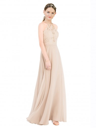 Keyhole Back Champagne A-Line High Neck Long Prom Dress / Bridesmaid Dress Hobart