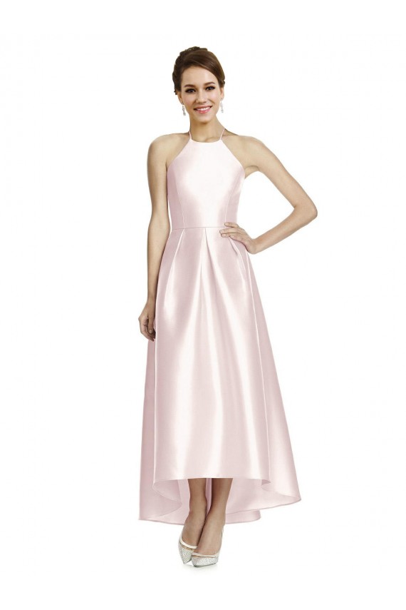 Open Back Pink A-Line Halter Neck Long High Low Bridesmaid Dress Hobart
