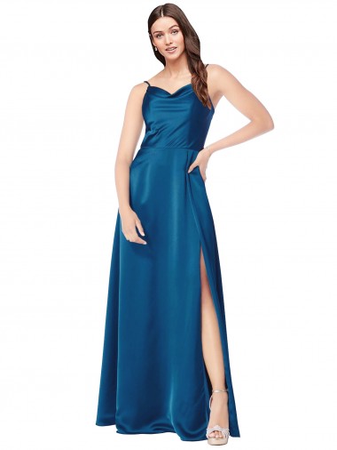 Low Back Peacock Blue A-Line Cowl Neck Long Formal Evening Gown / Prom Dress / Bridesmaid Dress Hobart