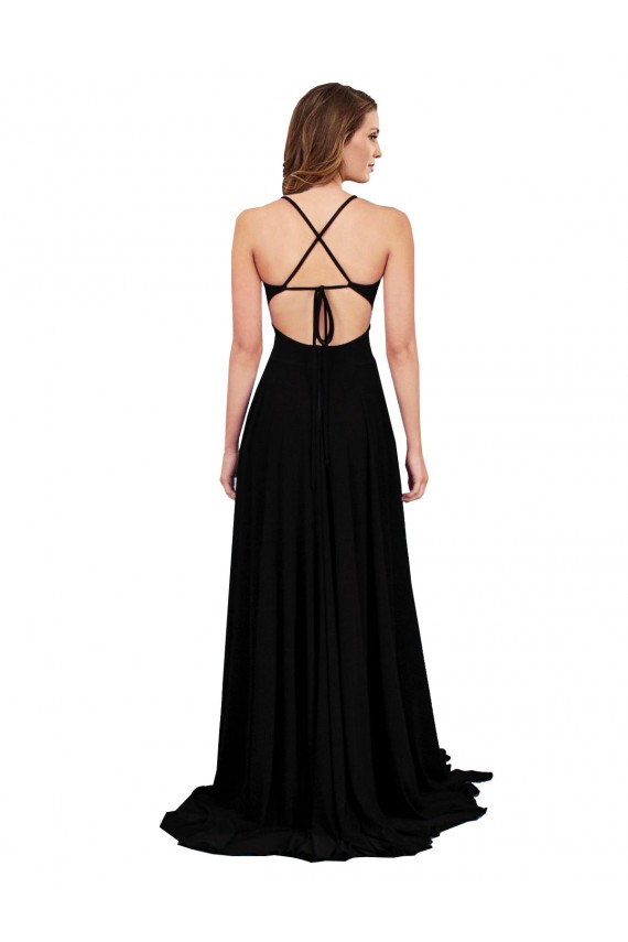 Open Back Black A-Line V-Neck Long Black Tie Evening Gown / Prom Dress / Bridesmaid Dress Hobart