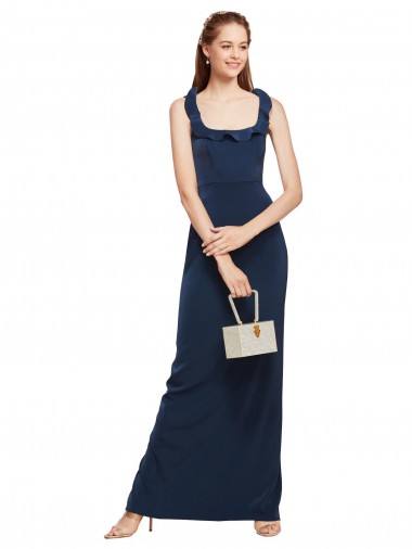 Low Back Dark Navy Sheath Scoop Neck Long Formal Evening Gown / Prom Dress / Bridesmaid Dress Hobart