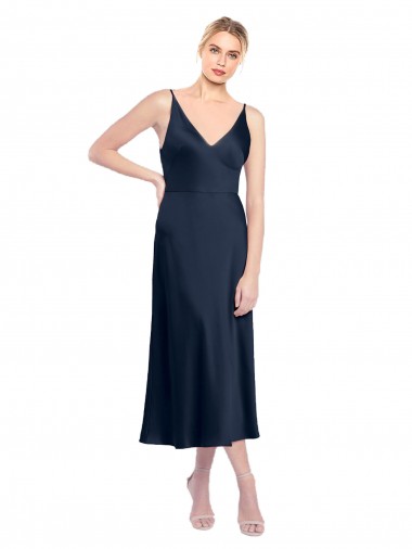 V-Back Dark Navy A-Line V-Neck Sleeveless Midi Length Formal Evening Gown / Prom Dress / Bridesmaid Dress Hobart