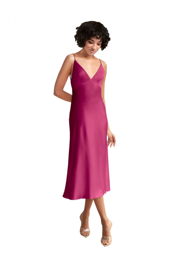 Low Back Fuchsia A-Line V-Neck Midi Length Formal Evening Gown / Prom Dress / Bridesmaid Dress Hobart