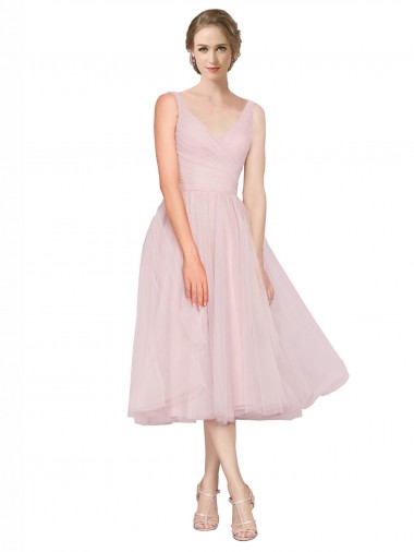 V-Back Pink A-Line V-Neck Tea Length Bridesmaid Dress Hobart