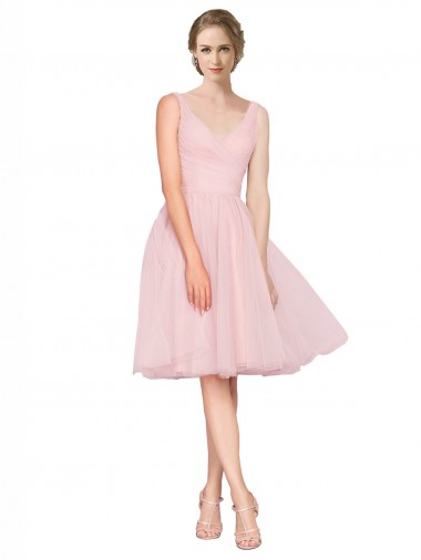 Pink A-Line V-Neck Knee Length Bridesmaid Gown Hobart