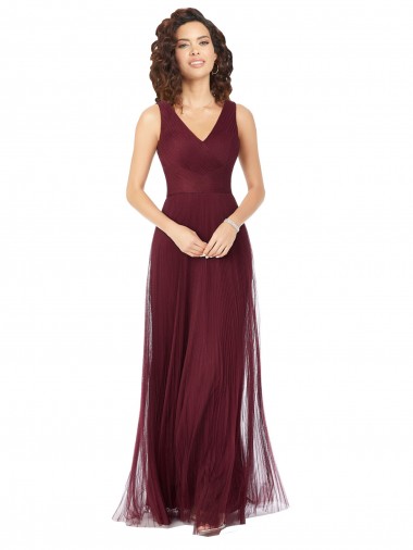 Burgundy Gold A-Line V-Neck Long Bridesmaid Dress Hobart