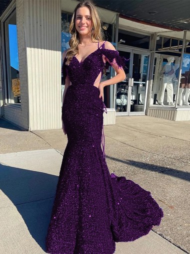 Plum Purple Sheath V-Neck Court Train Prom Dress / Evening Dress Hobart