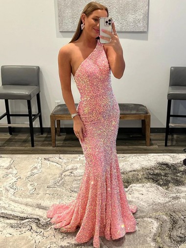 Pink Sheath One Shoulder Sweep Train Prom Dress Hobart