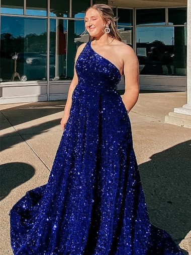 Royal Blue A-Line One Shoulder Sweep Train Prom Dress / Evening Gown Hobart