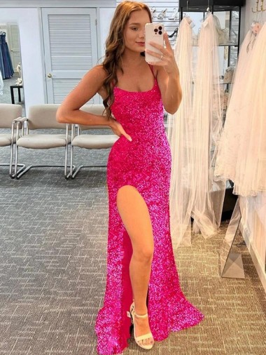 Fuchsia Sheath Spaghetti Straps Sweep Train Prom Dress / Evening Gown Hobart