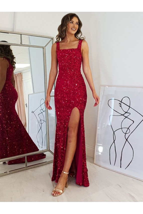 Burgundy Sheath Square Neck Long Prom Dress Hobart