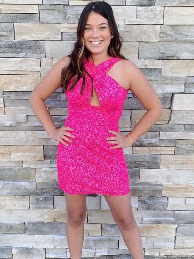 Fuchsia Sheath Halter Neck Short Homecoming Dress Hobart