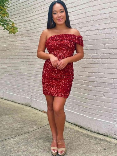 Burgundy Sheath One Shoulder Short Prom Dress Hobart