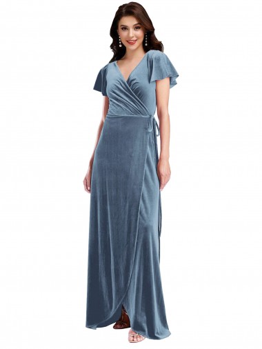 Dusty Blue A-Line V-Neck Long Black Tie Evening Gown / Prom Dress / Bridesmaid Dress Hobart