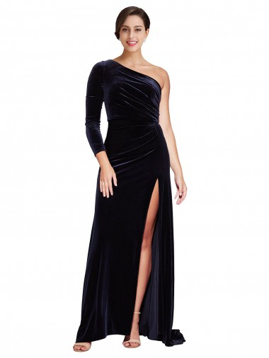 Dark Navy A-Line One Shoulder Sweep Train Formal Evening Gown / Prom Dress / Bridesmaid Dress Hobart